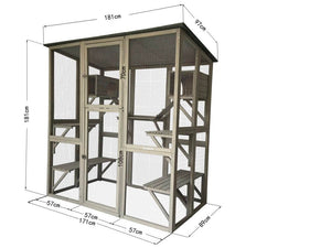 Samland Extra-Large Cat House Outdoor/Indoor Walk-in Enclosure with Huge Door, Wooden Playpen with Platforms & Small Houses – Spacious Design for Multiple Cats, L181 x W97 x H181cm