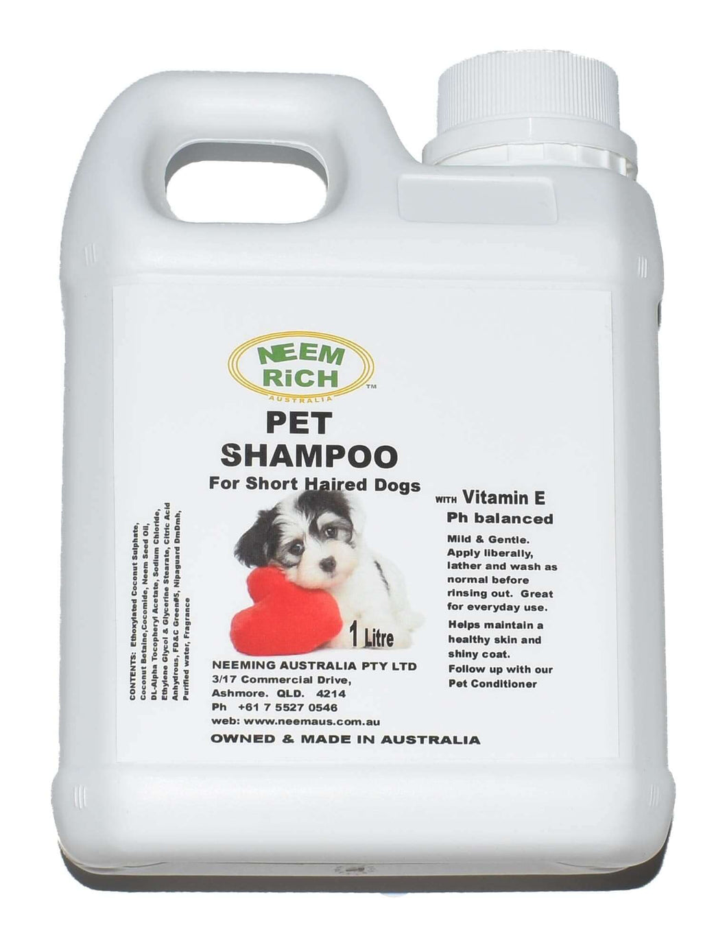 Neem Rich 1 Litre PET Shampoo for short haired dogs, natural flea prevention, with Vitamin E and coconut, made in Australia.