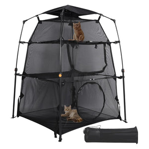 Cozioz Portable & Foldable 3-Tier Cat Enclosure Playpen | Indoor Cat Tower Tent with Removable Sunshade – Black