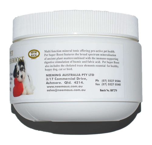 Neem Rich Pet Super Boost 380g jar for dogs, birds, and fish, promoting health and vitality with natural flea prevention.