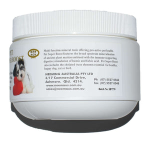 Neem Rich Pet Super Boost 380g jar for dogs, birds, and fish, promoting health and vitality with natural flea prevention.