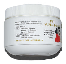 Neem Rich Pet Super Boost 380g container with dosage instructions for dogs, cats, and birds, natural flea prevention.